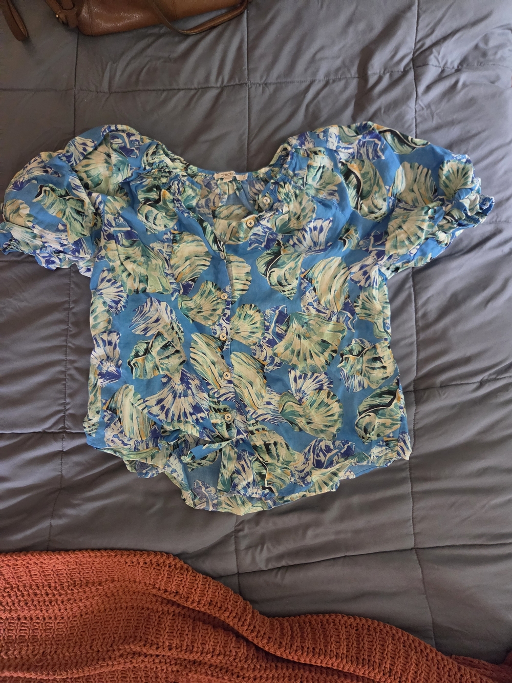 Chico's Blue Floral Puff-Sleeve Button Front Top